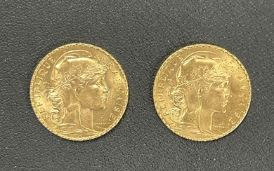Un lot de 2 pièces de 20 Francs OR Marianne 1907 (2) PN. 12,9 g...