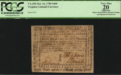 VA-200. Virginia. October 16, 1780. $400. PCGS Currency Very Fine 20 Apparent. Major Restorations; Backed; Design and Signature Redrawn.