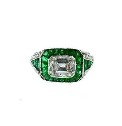 VINTAGE Platinum, Emerald & Diamond Engagement Ring Art