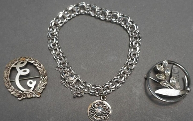 Van Dell Sterling Silver Brooch, an American Sterling Silver Bracelet and Charm and a Sterling Silver 'E' Brooch