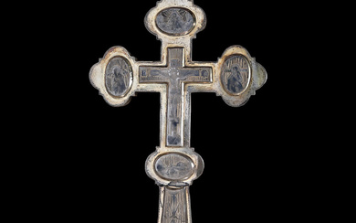 Very rare Russian reliquarium blessing cross, silver with niello, Moscow,...