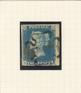 Victorian 1840 two penny blue stamp, with Maltese cross, pla...