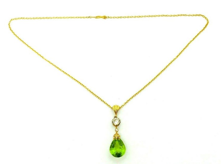 Vintage 14k Yellow Gold Chain Necklace Diamond Peridot