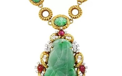Vintage 1970S Diamond GIA Natural Ruby Jade Pendant Necklace`