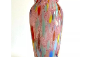 Vintage 1980'S POST MODERN ABSTRACT HAND BLOWN ART GLASS MULTICOLOR TALL FLOWER VASE