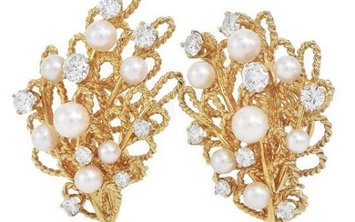 Vintage Akoya Pearl Diamond 22K Gold Rope Flower Bouquet Earrings