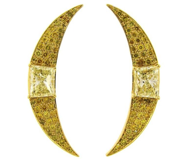 Vintage Fancy Yellow Diamond Gold Crescent Earrings