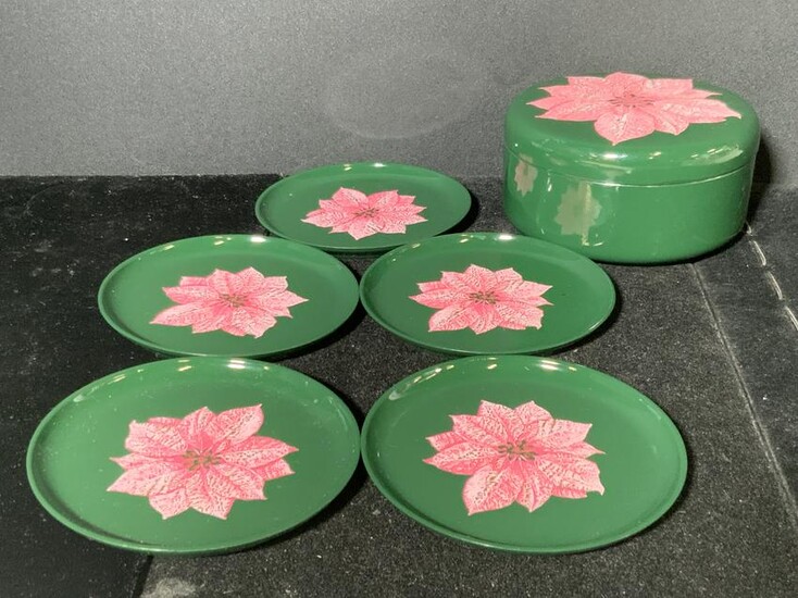 Vintage Green Floral Patterned Coasters W/ Box