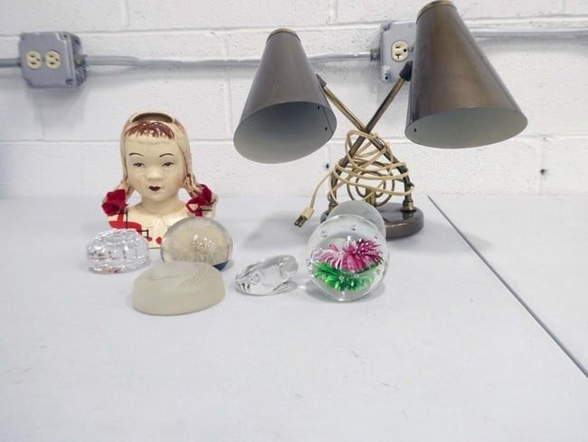 Vintage Lot incl Paperweights, Jean Ceramic Wall Pocket, Mid Century Desk Lamp