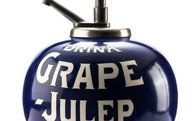 Vintage marked "Drink Grape-Julep" Syrup Dispenser, measures 14" T overall to top of pump x 10"
