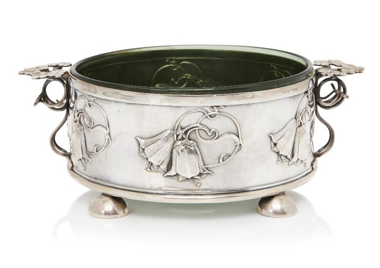 William Hutton & Sons, Art Nouveau twin handled bowl on bun feet with liner, 1902, Silver, green glass, Hallmarks to underside, 21cm wide, 7.5cm high