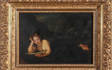 Woman Reading in Dark Landscape Oil on Panel