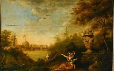 Woman pointing out Rome at a distance to her son