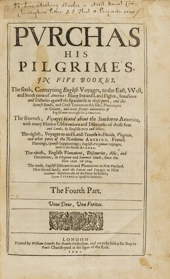 World.- Purchas (Samuel) Purchas his Pilgrimes. In Five Books..., 5 vol., first edition, 7 folding engraved maps, contemporary calf, by William Stansby for Henrie Fetherstone, 1625-26