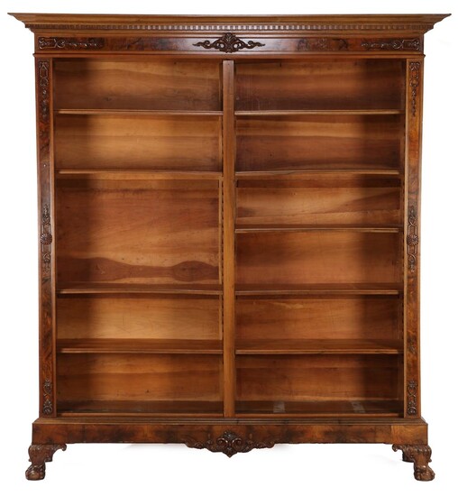 (-), Burr walnut veneer on oak bookcase, decorated...