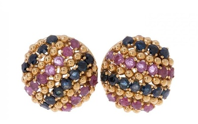 Yellow gold button earrings with rubies and sapphires.