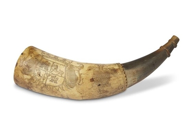 Incised powder horn dated, "Sept 25, 1797" Decorated with...