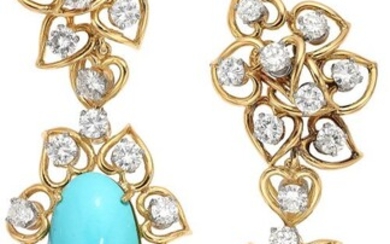 10027: Diamond, Turquoise, Platinum, Gold Earrings Sto