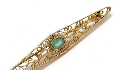 10ct marked gold filigree brooch set with blue stone + seed ...