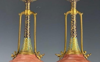 A PAIR OF 19TH C. CHAMPLEVE ENAMEL VASES