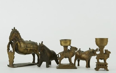 Group of 5 Indian Bronzes Horses Zebu Nandi Cups