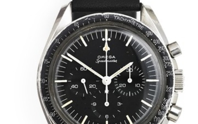 Omega: A gentleman's wristwatch of steel. Model Speedmaster, ref. 145012–67. Mechanical chronograph movement with manual winding, cal. 321. 1967.