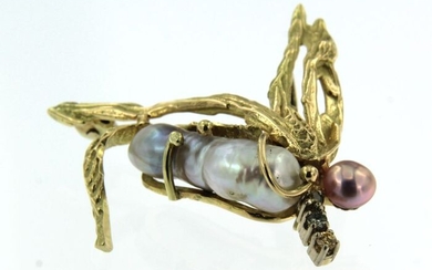 14 kt. Freshwater pearls, Gold, 5.3 mm and 2.0 cm x 8.0 mm - Brooch - 0.12 ct Diamond