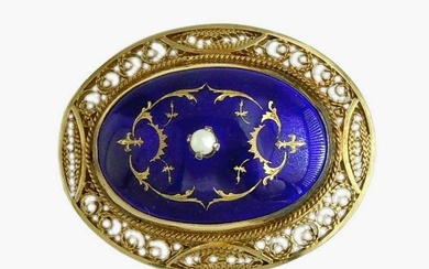 14K GOLD COBALT BLUE ENAMEL PEARL FILIGREE PENDANT BROOCH FLEUR DE LIS FRENCH c.1900 A Stunning