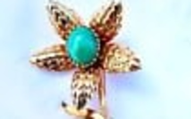 14K YELLOW GOLD TURQUOISE BROOCH