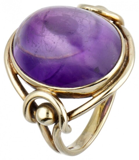 14K. Yellow gold solitaire ring set with approx. 16.95 ct. natural amethyst.