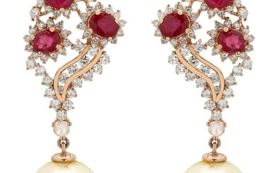 14k Rose Gold Floral 30.42 Ct Ruby and Diamond Earrings with Dangling Pearl