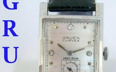 14k White GRUEN CURVEX Mens Winding Watch c.1940s in