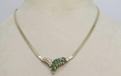14kt Emerald & Diamond V Necklace, Herringbone, 15"