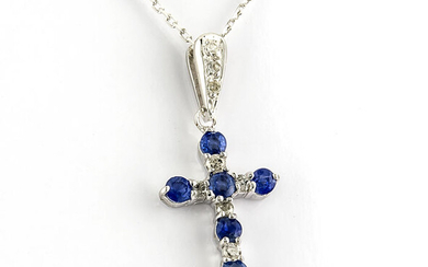 18 kt. White gold - Necklace with pendant - 0.25 ct Diamond - Sapphire