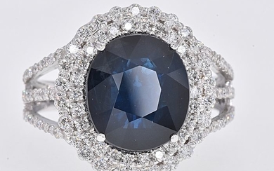 18 kt. White gold - Ring - 4.33 ct GIA Sapphire - 1.09 Ct Diamonds