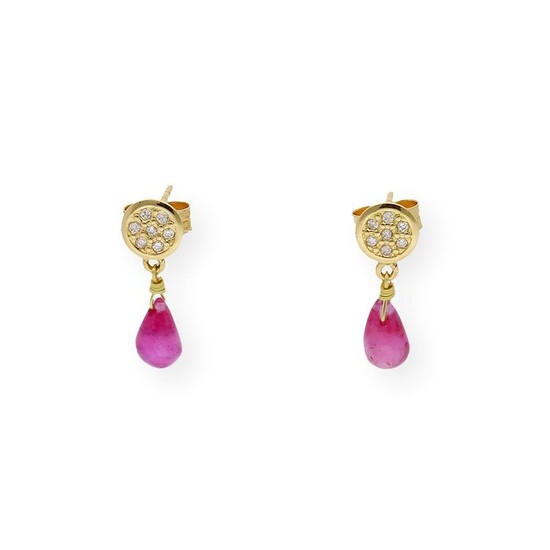 18 kt. Yellow gold - Earrings - 1.00 ct Rubies - Diamonds