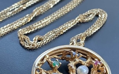 18 kt. gold - Necklace with pendant 18kt gold chain with a 14kt gold pendant,with sapphire,rubby,topaz,emerald,pearls
