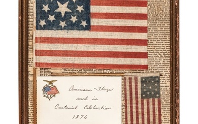 1875/76 American Centennial Celebration Display Mounted Pair of Two Original American Parade Flags