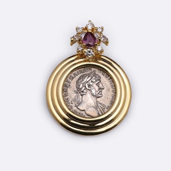 18K Yellow Gold Diamond, Ruby and Silver Imperial Roman Denarius Pendant
