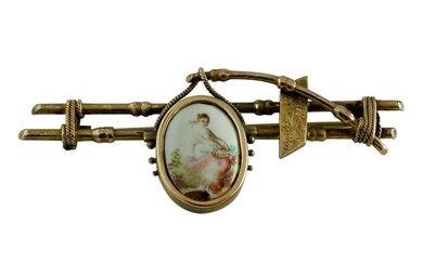 19C VICTORIAN 14K GOLD BAMBOO PORCELAIN CAMEO BROOCH