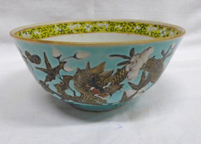 19TH CENTURY TURQUOISE CHINESE PORCELAIN BOWL DECORATED IN ENAMEL...