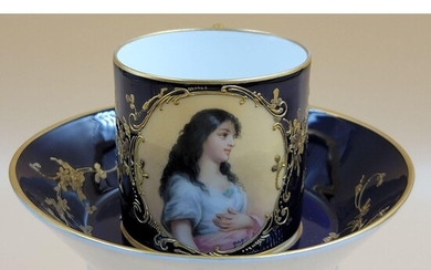 19th C Royal Vienna Portrait Cup & Saucer artist signed