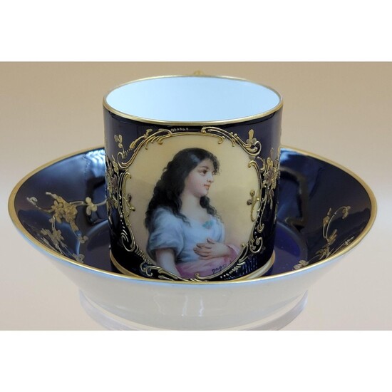 19th C Royal Vienna Portrait Cup & Saucer artist signed
