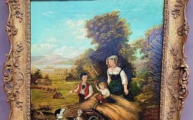 19th Century Oil On canvas of harvest scene with mom, children & dog in landscape - overall h 30"