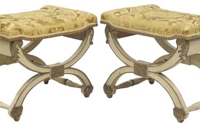 (2) FRENCH NEOCLASSICAL STYLE SILK-UPHOLSTERED CURULE BENCHES