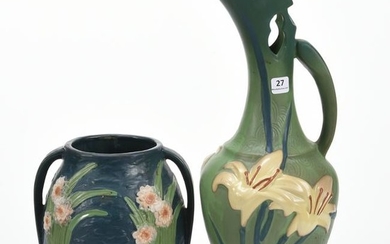 (2) Reproduction Roseville Pottery Items