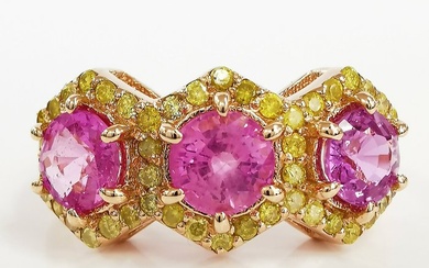2.00 ct Pink Sapphire & 0.40 ct N.F.I.Yellow N.F. Vivid Yellow Diamond Designer Ring - 3.07 gr - 14 kt. Pink gold - Ring - 2.00 ct Sapphire - Diamonds