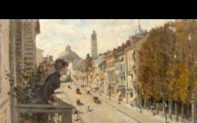 Amerino Cagnoni ( Milano 1855 - 1923 ) , "Vista sul corso con la chiesa di San Carlo Borromeo a Milano sullo sfondo" olio su tela (cm 36x66) Firmato...