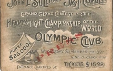 1892 Original Boxing Press overprinted Ticket for the Heavyweight fight between John L Sullivan and Jas J Corbett held on...