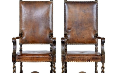 PAIR OF 19TH CENTURY CARVED OAK LEATHER ARMCHAIRS
